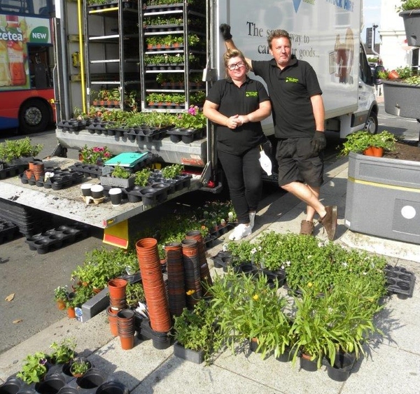 Debbie and Geoff Field of Dutch Touch relaxing before planting out
the Flower Towers and planters around town